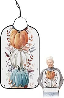 Kewadony Adult Bibs for Elderly Women - Thanksgiving Waterproof Dining Clothing Protectors with Crumb Catcher for Eating/Feeding, Teal Grey Orange Pumpkin Fall Brown Leaves Terry Cloth Bib Washable