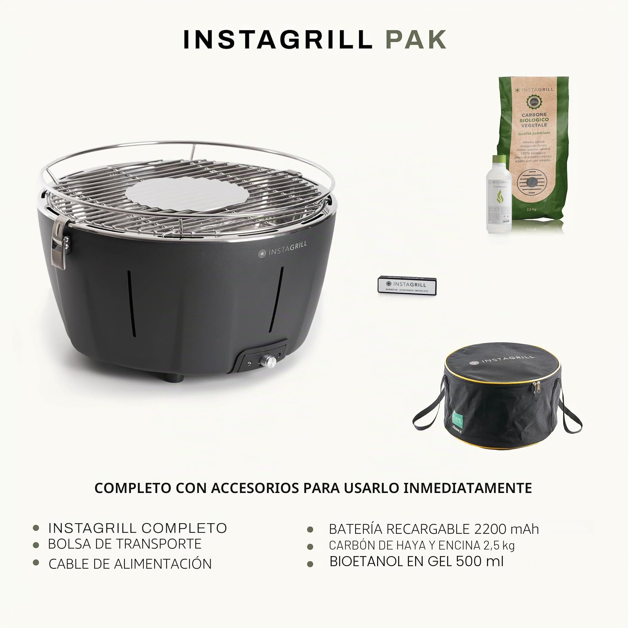 Clase Italia | Barbacoa de mesa a carbón sin humo. Con batería, carbón y gel INCLUIDOS. Barbacoa portátil, se enciende en solo 5 minutos. Barbacoa de camping. PAK Negro Antracita