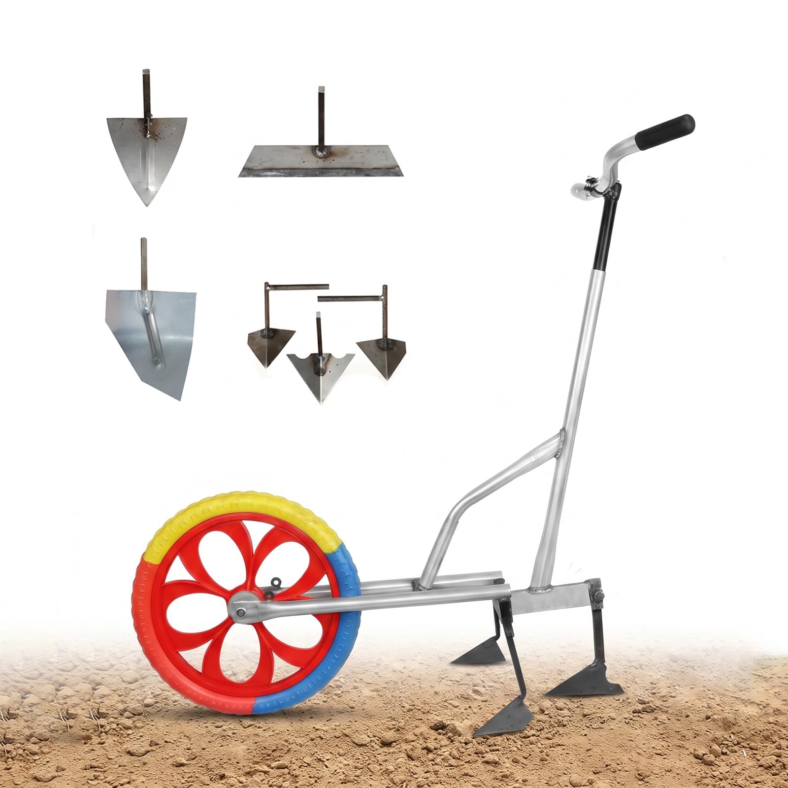 Sarcloir à roue de jardin 6 en 1, pousse-sarcloir et traceur de sillons, Outil polyvalent pour ameublir le sol, creuser des tranchées et désherber, Cultivateur manuel à hauteur réglable