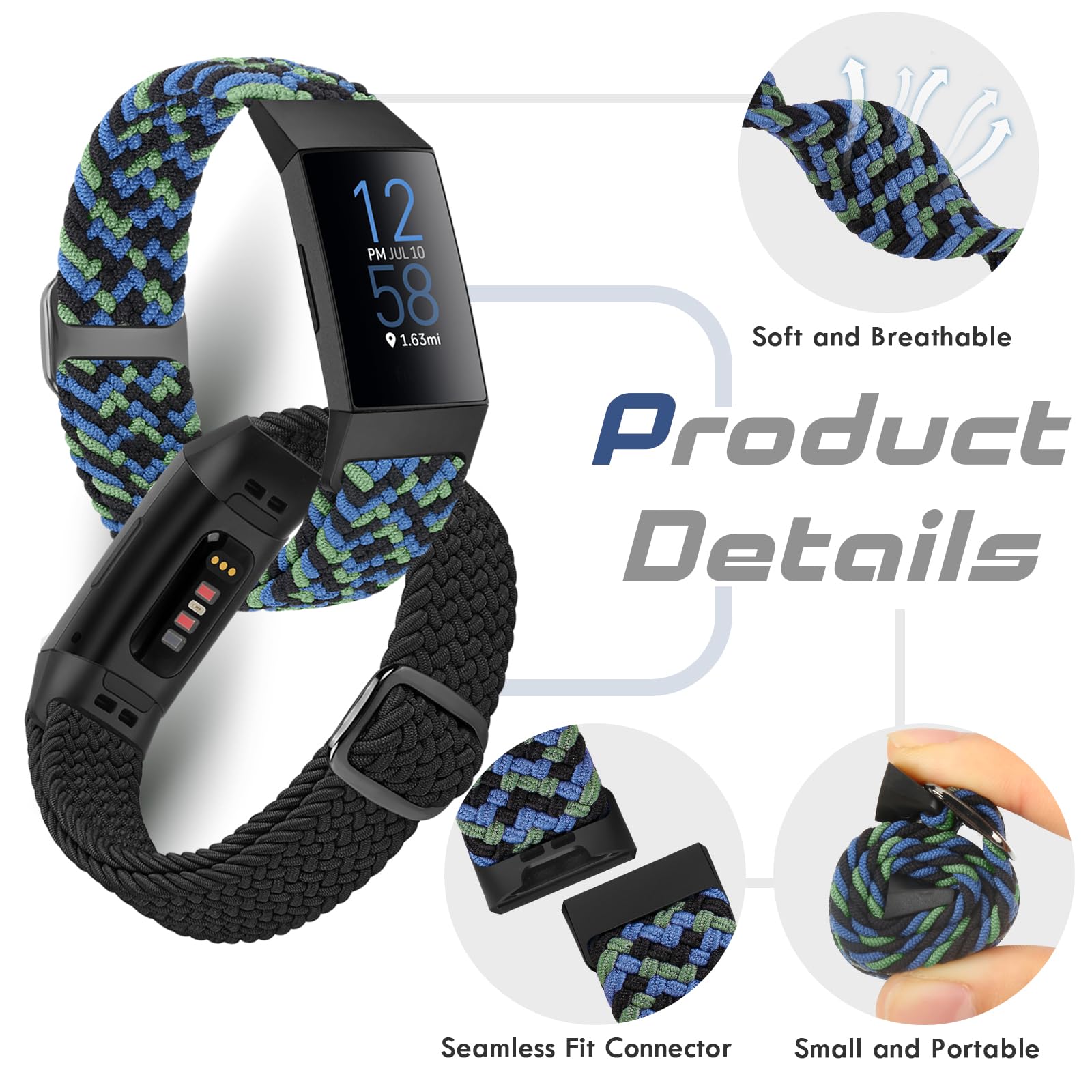 Bcuckood Braided Watch Straps Compatible with Fitbit Charge 4/Charge 3/Charge 3 SE for Women Men Adjustable Stretchy Nylon Solo Loop Woven Replacement Wristbands for Fitbit Charge 4/Charge 3 - Image 4