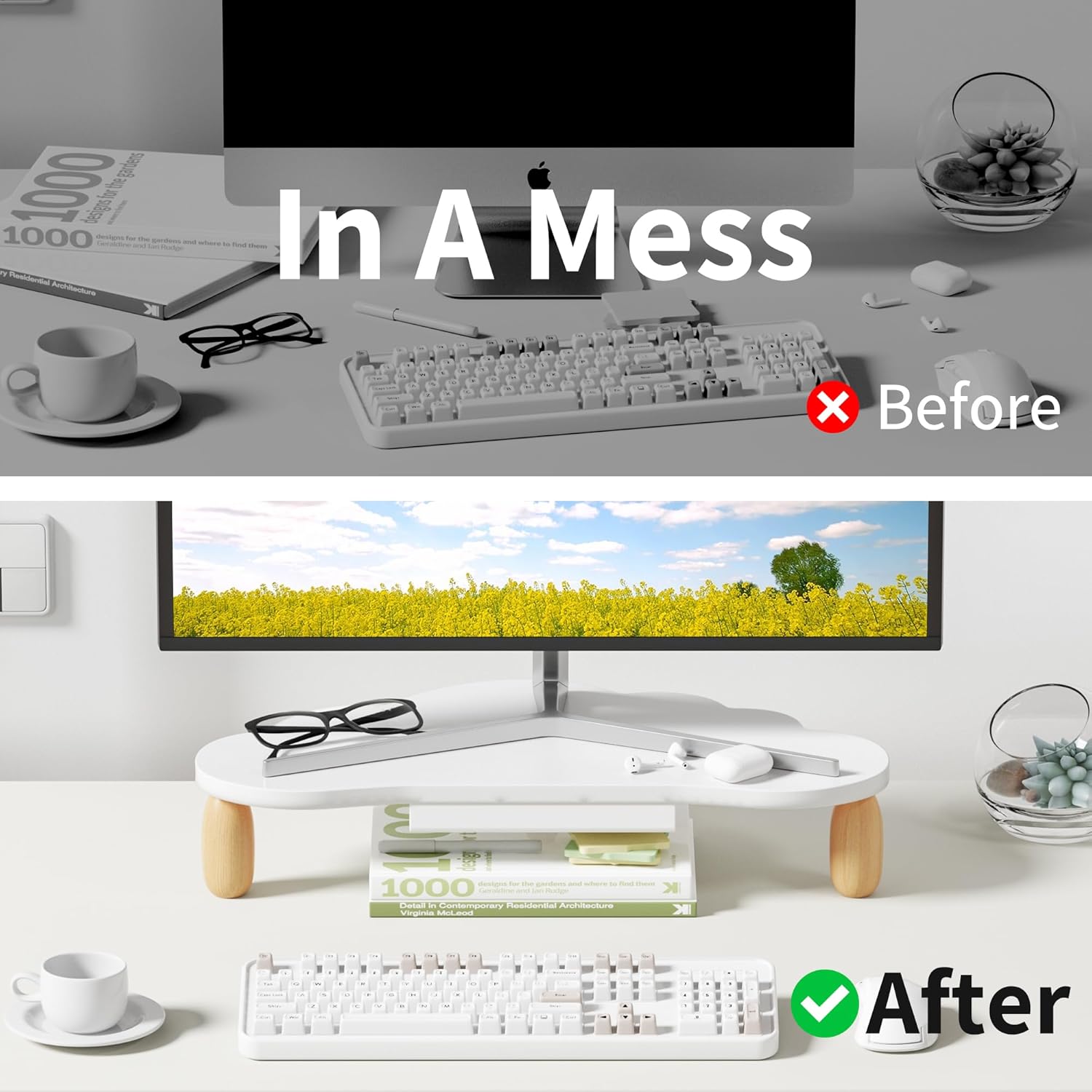 AFOOYO Monitor Stand Riser,Cloud-Shaped Sturdy Wood 16.5In Computer Monitor Riser Wirh Drawer, Multi-Purpose Desktop Organizer Riser for Computer,Laptop,Printer,TV,White