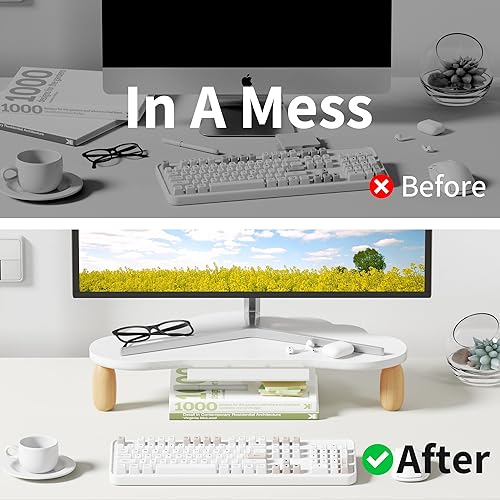Miniatura 5 de Soporte elevador de madera resistente en forma de nube para monitor de computadora con cajón, organizador de escritorio multiusos