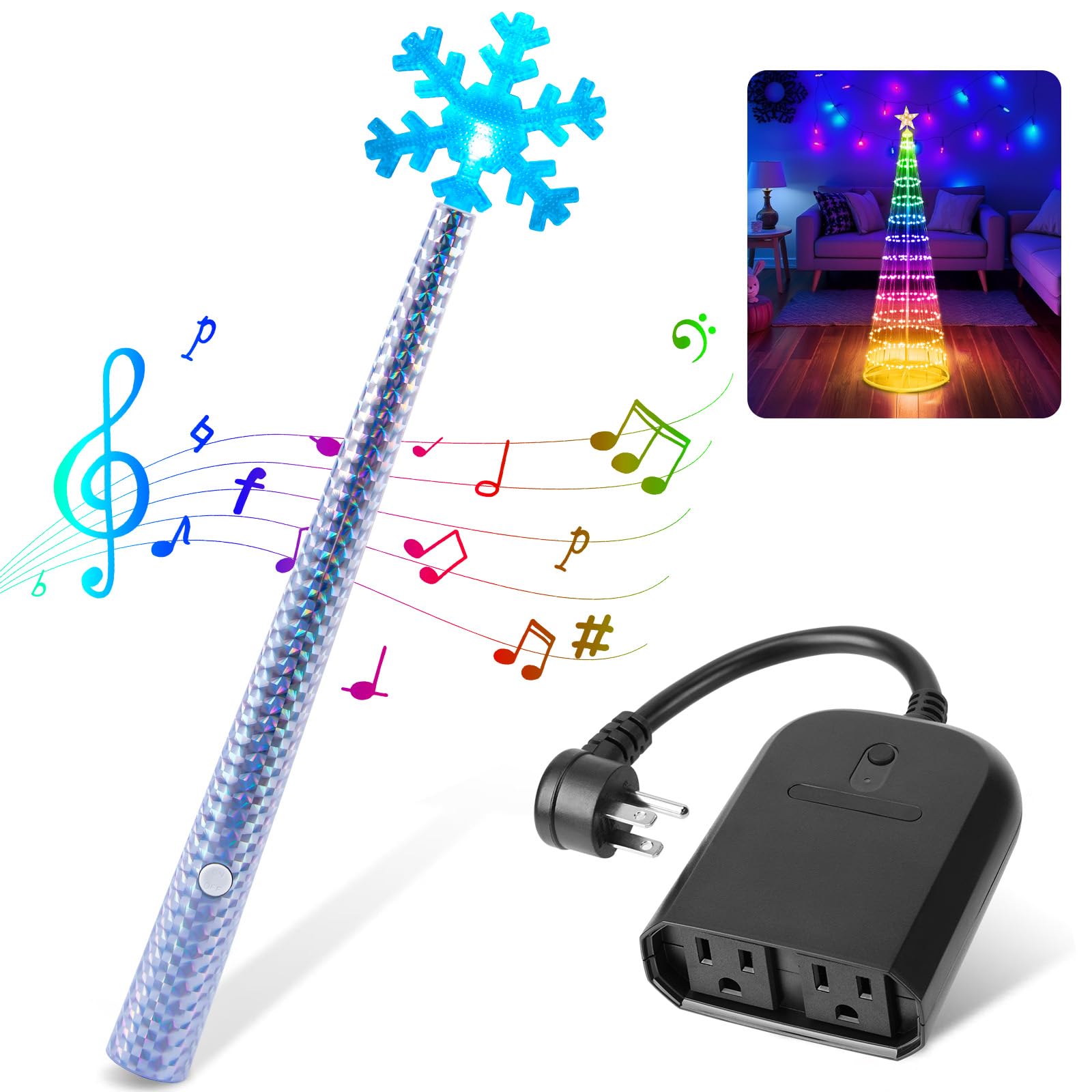 Wireless Remote Control Outlet, 2in1 Wireless Switch Magic Lights Wand for Christmas Tree Lights and Decoration Lights, Remote Switch Kit with Music, Christmas Gift Ideas for Kids Friends Family