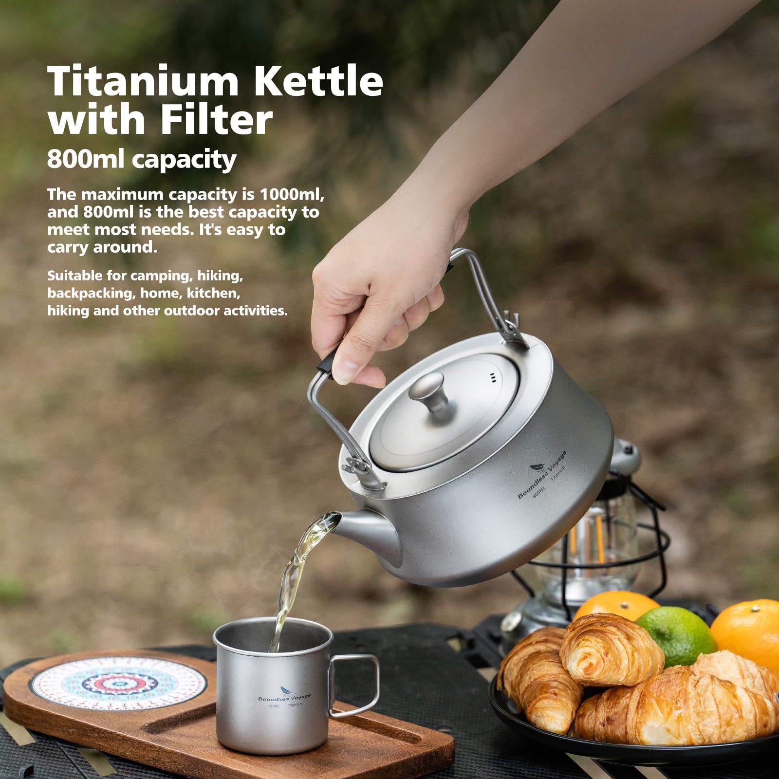 iBasingo Bollitore in titanio da 800 ml con infusore per tè sfuso, caffettiera con filtro e manico pieghevole, caldaia per acqua ultraleggera per campeggio all'aperto, brocca d'acqua Ti3093D