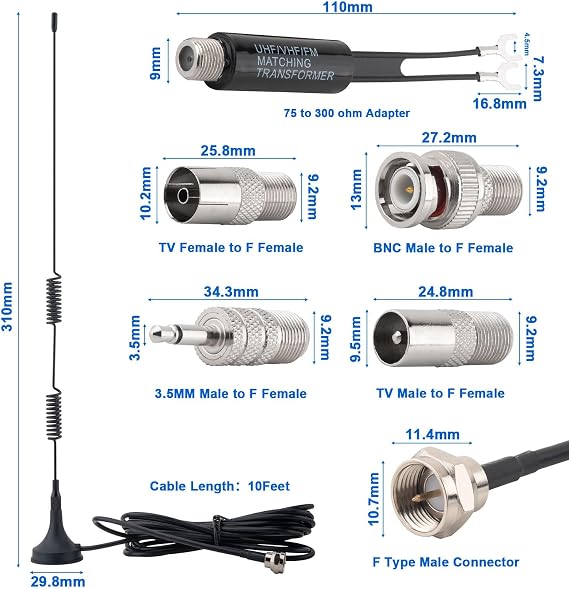FM Antenna Indoor FM Radio Antenna Magnetic Base with PAL BNC 3.5mm and 75 to 300 Ohm Adapter Connector for Home Stereo Receiver Pioneer Onkyo Yamaha Marantz Indoor Digital HD Radio FM Radio