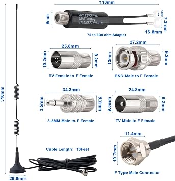 FM Antenna Indoor FM Radio Antenna Magnetic Base with PAL BNC 3.5mm and 75 to 300 Ohm Adapter Connector for Home Stereo Receiver Pioneer Onkyo Yamaha Marantz Indoor Digital HD Radio FM Radio