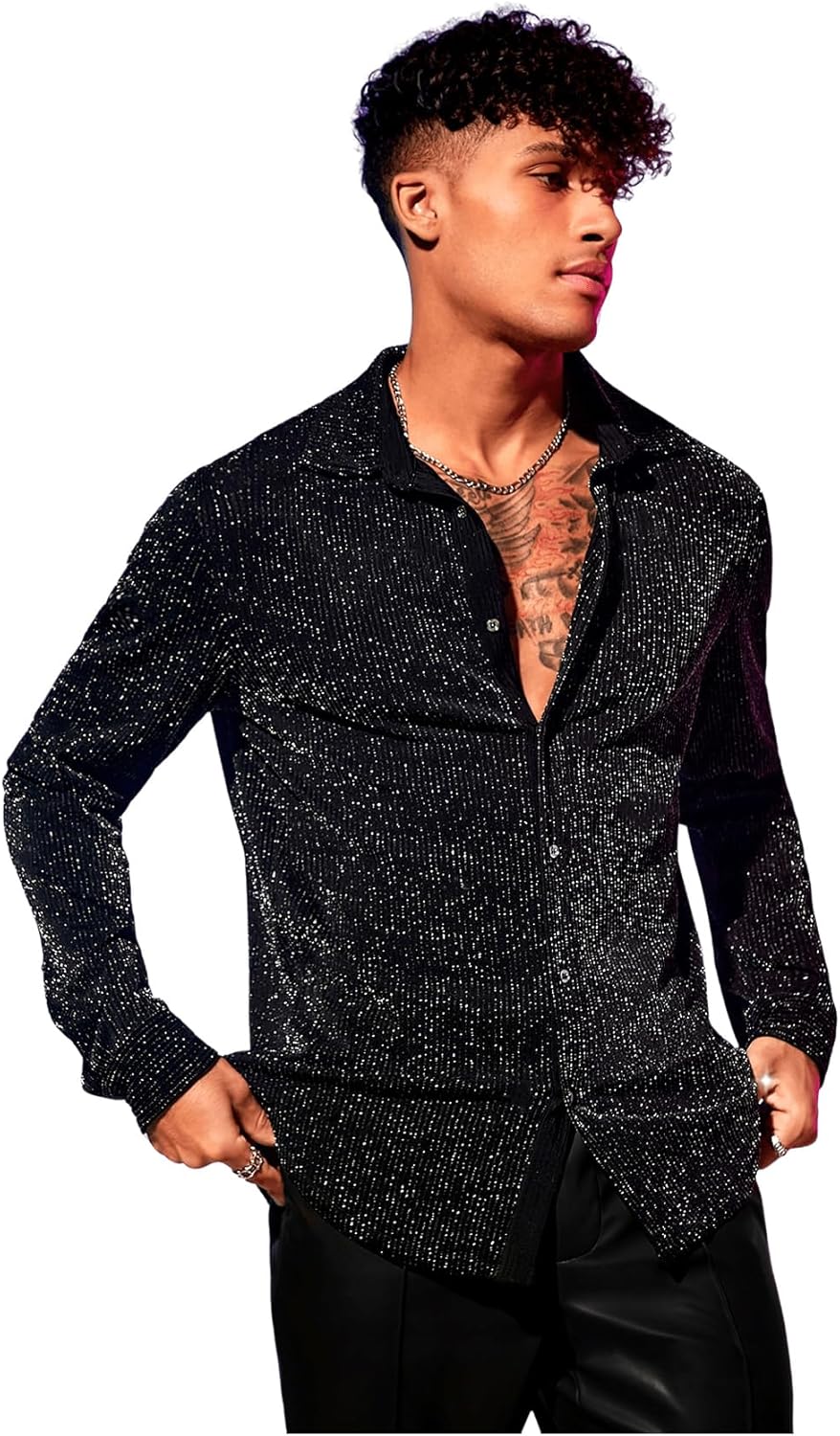 Floerns Men's Button Front Long Sleeve Glitter Lapel Collar Streetwear Shirt - Image 4