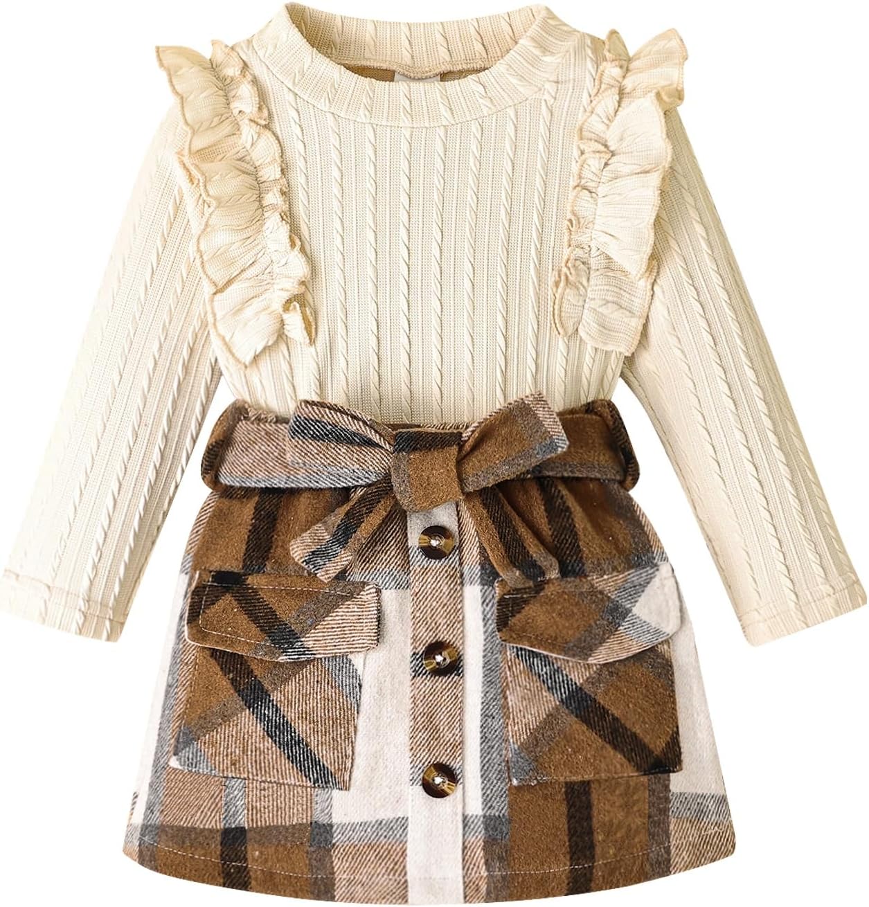 Toddler Girl Fall Winter Clothes Cute Ruffled knitted Shirt Tops Plaid Pleated Mini Skirt Belt 3 Piece Outfit 2-6T