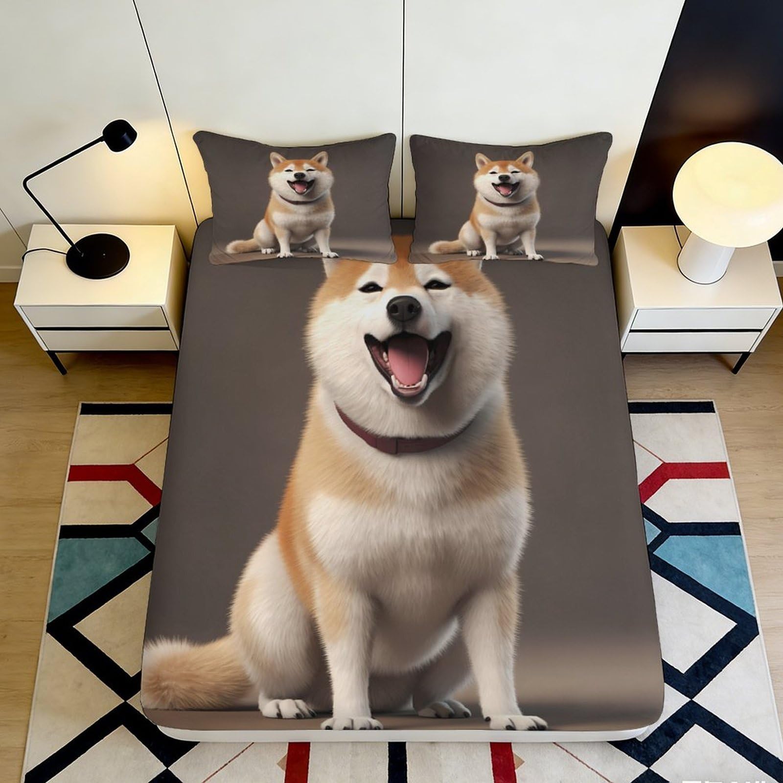 3D Printed Shiba Inu Fitted Sheet Microfiber Soft Breathable Dog Smile Bed Cover for Bedroom Guest Room Decor 90x200x25cm