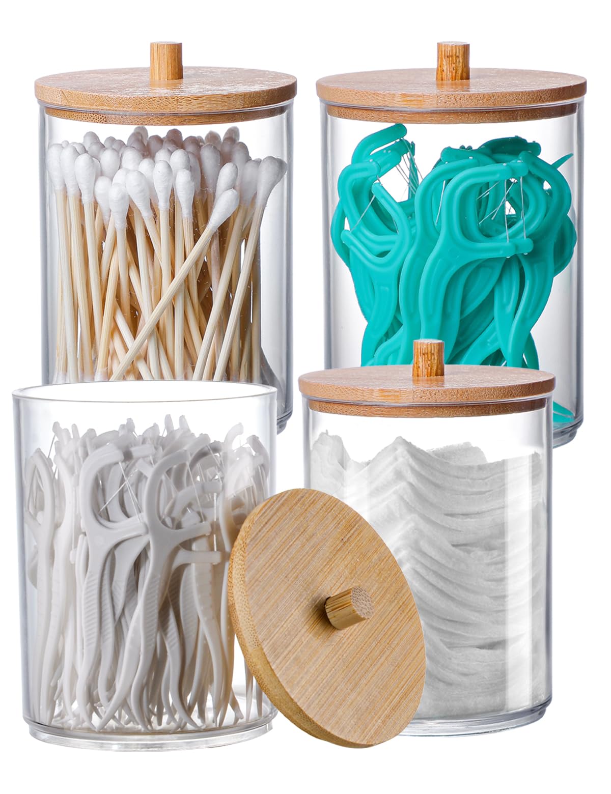 INCETUE 4PCS Cotton Pad Holder with Bamboo Lid for Bathroom Storage Acrylic Cotton Swab Dispenser