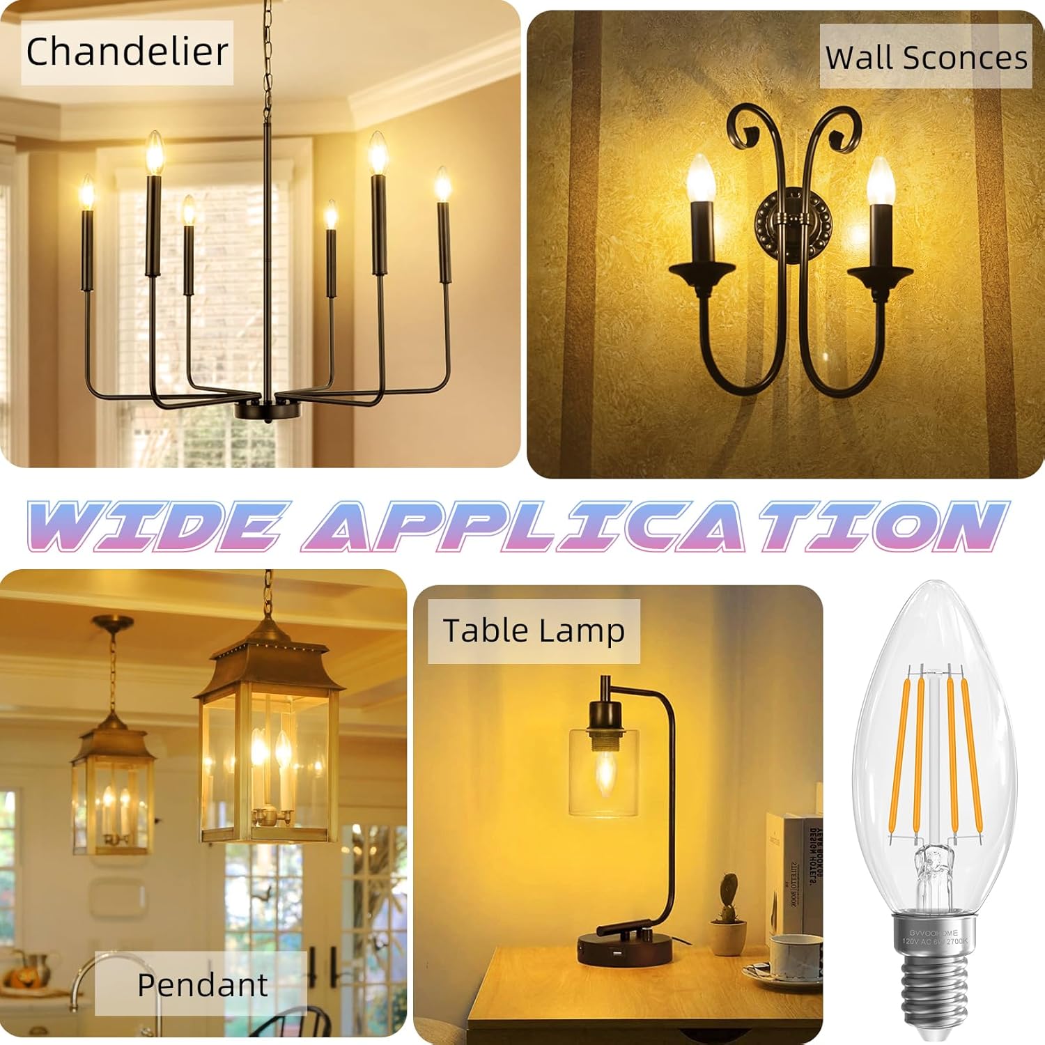 E12 Candelabra Bulb 2700K Soft White, 6W Equivalent to 60 watt, E12 LED Bulb Non-Dimmable, Chandelier Light Bulbs, B10 Candle Light Bulbs, 90+CRI, 600LM, Cear Glass, 12 Pack - Image 7