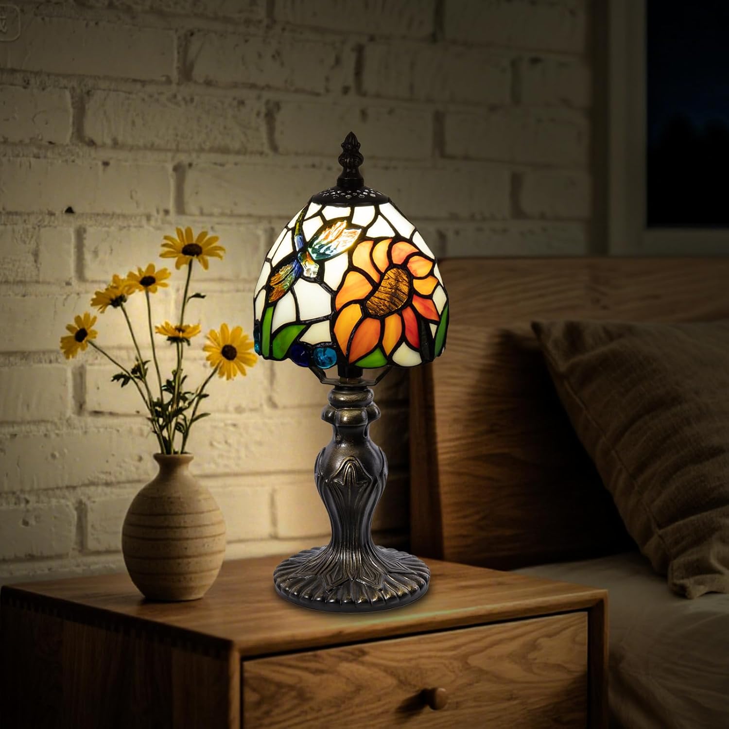 Small Stained Glass Lamp,6 inch Sunflower Tiffany Style 3-Color-Temperature Lamp, for Bedside Bedroom Living Room Office Decor Home, Include LED Bulb