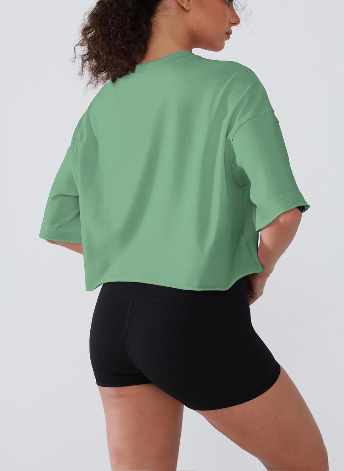 Boxy Cropped Tees for Women Cotton Loose Crop Tops Drop Shoulder Roll Hem Workout Tops - Image 5