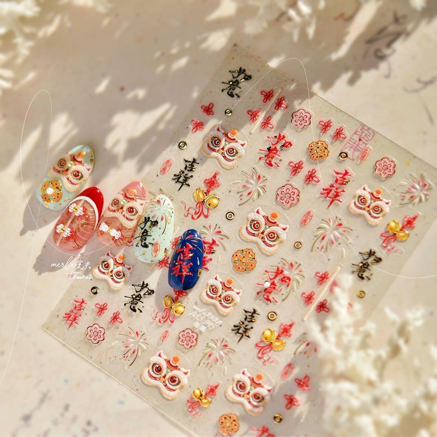 5D Embossed Chinese New Year Nail Stickers Lucky Lion Dance Self-Adhesive Nail Decals Festive Red Gold Manicure Decorations for Women image 4