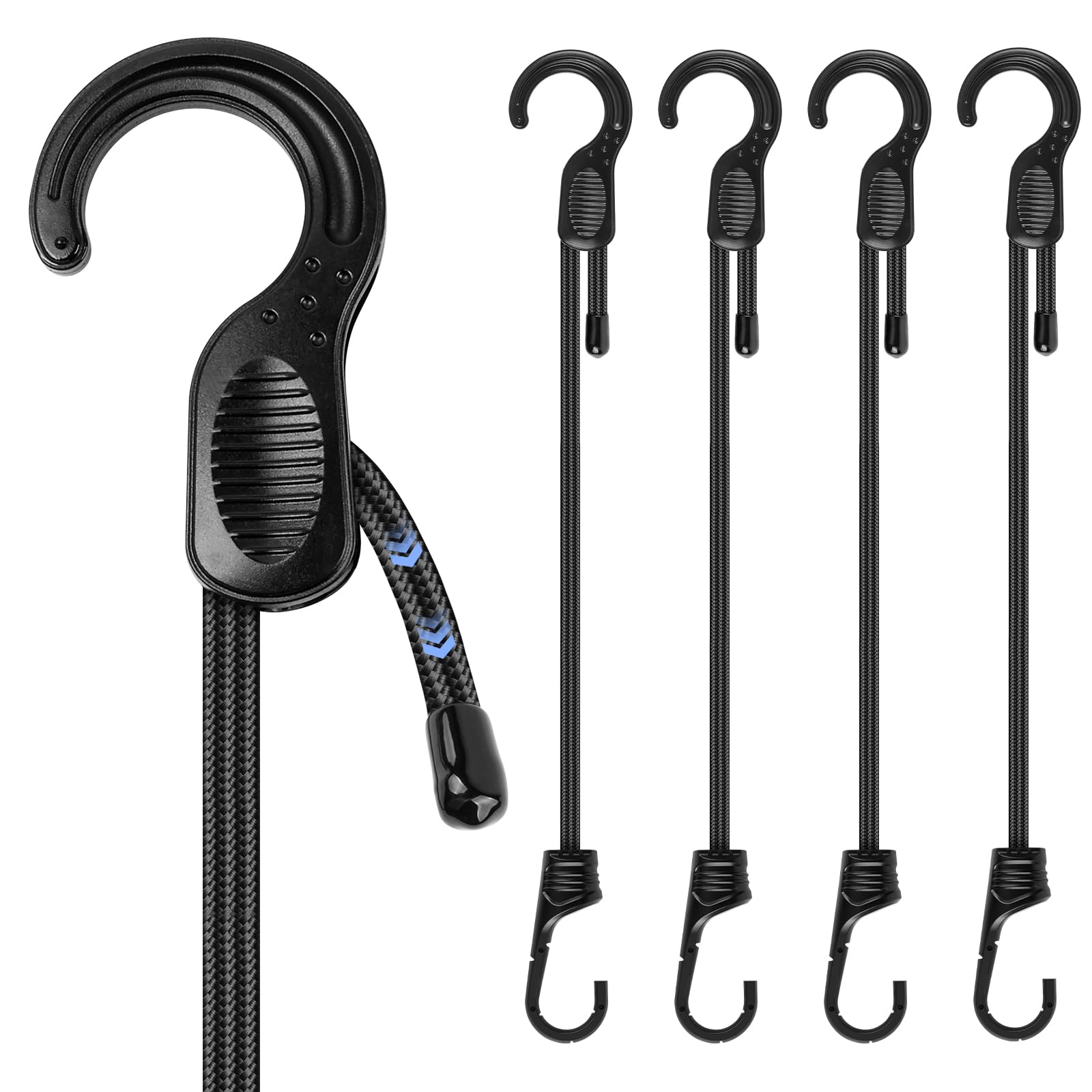 Adjustable Bungee Cords with Hooks, 4 PCS Bungee Straps | Freely Adjustable Length from 18-30 CM - Ideal for Tarps, Tents or Caravan Camping