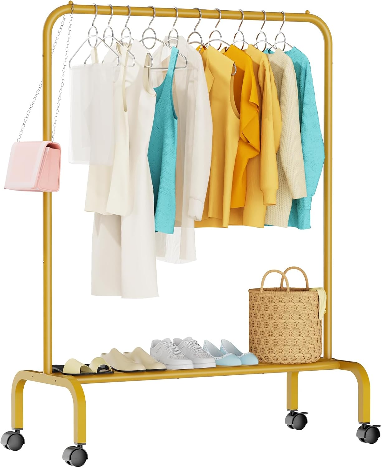 Rolling Clothing Racks for Hanging Clothes, Garment Rack for Clothes to Hang, Metal Portable Wardrobe Rack for Coats, Jackets, Shirts, Dress,Warm Gold