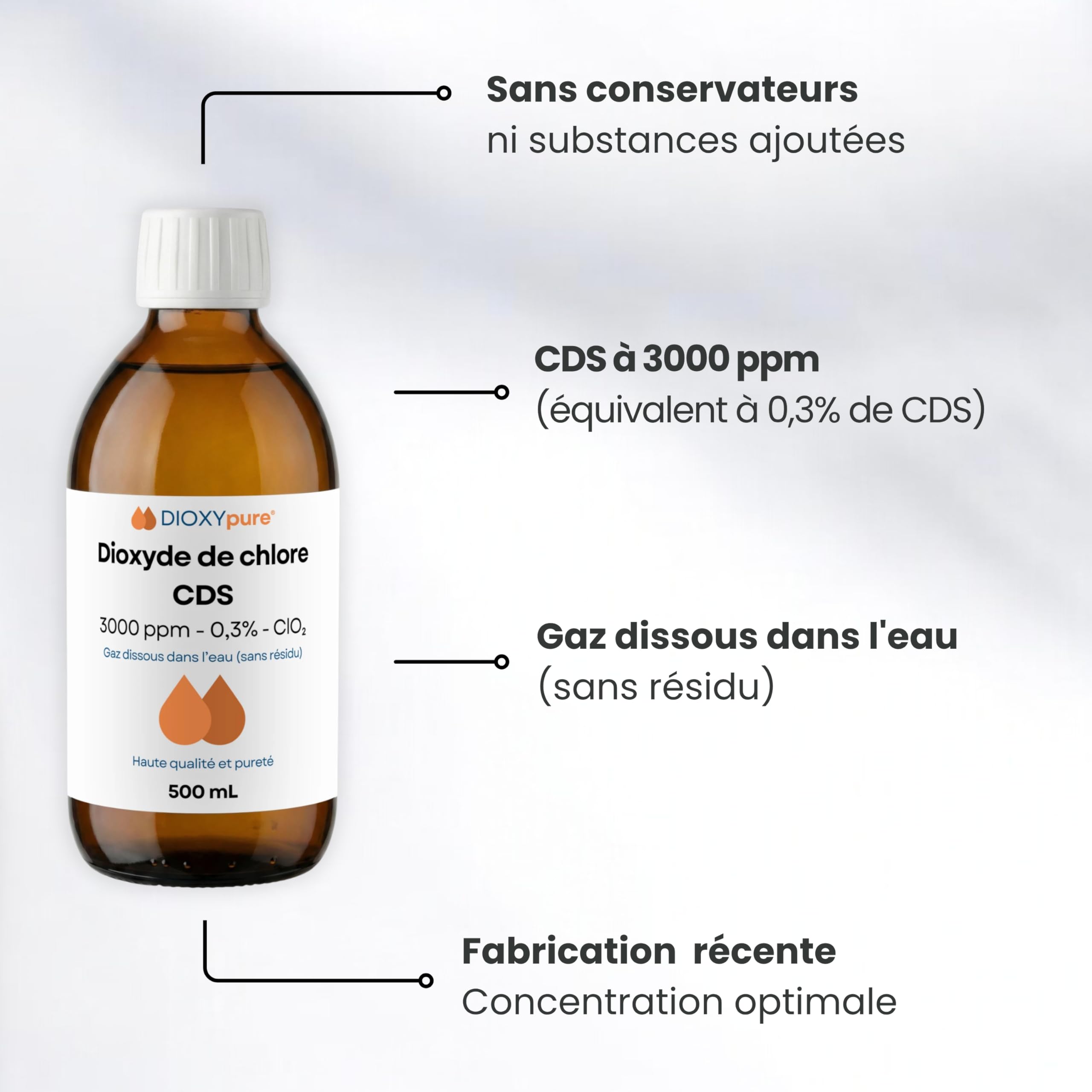 Solution de Dioxyde de Chlore - CDS - 3000 ppm - Gaz dissous dans l'eau (sans résidu) - Désinfectant - 500 mL - sans conservateurs ni substances ajoutées - Ultra Pure