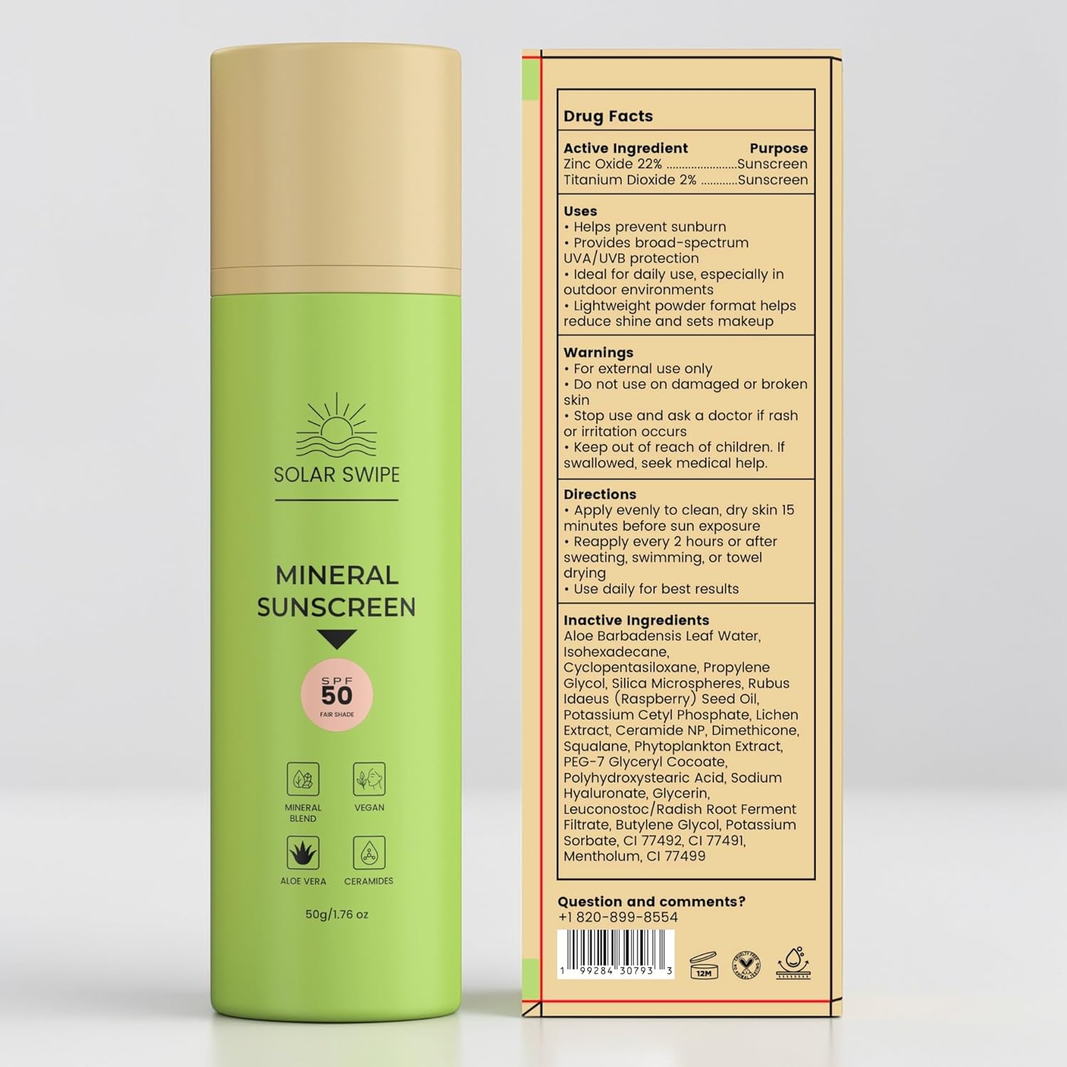 Hydrating Mineral Sunscreen SPF 50, Zinc Oxide & Titanium Dioxide, with Ceramides & H. acid, Aloe Vera & Menthol Cooling, Face & Body, Oxybenzone-Free, All Skin Types1.76 oz (Ivary Pearl)