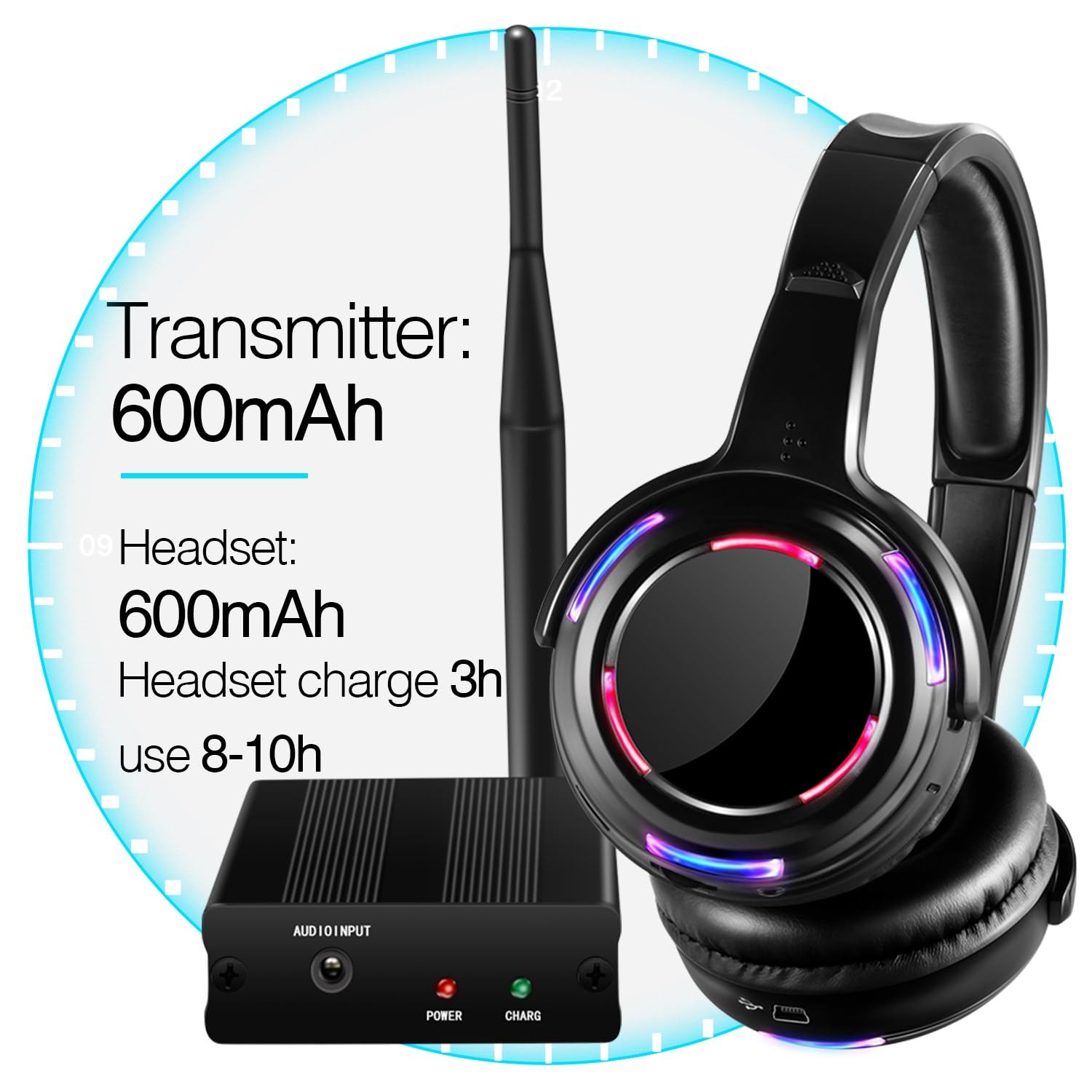 Casque professionnel sans fil Disco LED silencieux et RF LED Silent Disco Écouteurs pour iPod MP3 DJ Musique Pary Club (2 casques LED + 1 émetteur)