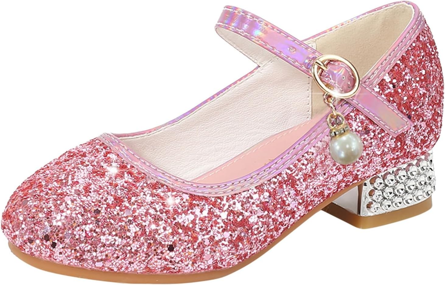 Girls Princess Heeled Shoes Glitter Rhinestone Bow Pearl Adjustable Strap Sandals Kids Low Heel Party Shoes (Pink-9, 11 Little Kid)