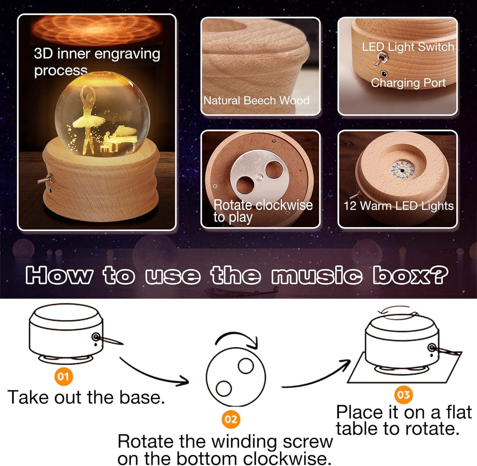Caja de Música con Bola de Cristal 3D, Caja de Música Giratoria 360° Luminosa con Proyección de luz y Base de Madera para Niños, Esposas, Madres, Regalo Decorativo Creativo(Princesa de Ballet)