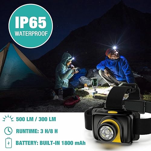Miniatura 2 de Skywoods Linterna frontal de 500 lúmenes con recargable, impermeable IP65, 2 modos de luces para la cabeza para acampar, pescar, correr