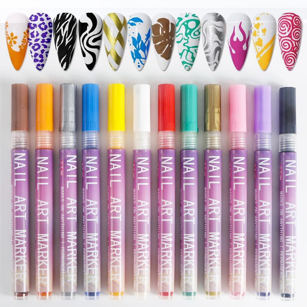 Stylos Nail Art-Pour unemanucure créative et sanseffort Kit Liner Ongle Enfant - Stylo Vernis à Ongles 3D Dotting Tool - 12 Couleurs - Crayon Blanc - Pointes Fines pour Nail Art Graffiti
