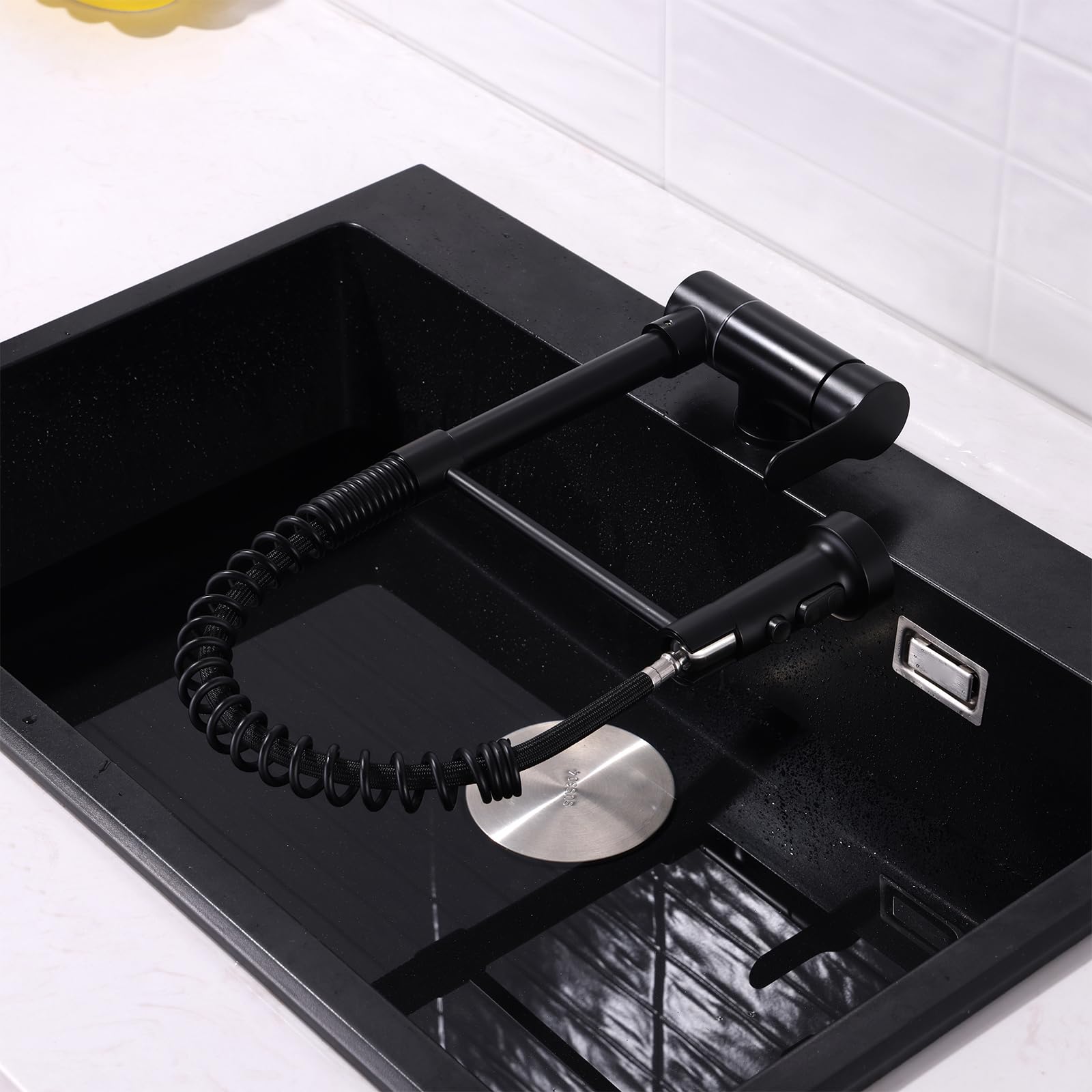 Generisch Wasserhahn Küche Mischbatterie Ausziehbare Küchenarmatur mit Federmechanismus 360° schwenkbar klappbar schwarz 3 Funktions Klapparmatur für Fenstermontage