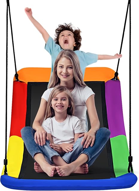 COSTWAY Carpet Tree Swing, Giant Platform Skycurve Nest Swings with Adjustable Hanging Ropes, Kids Saucer Swing Seat for Backyard Garden Playground, 300kg Capacity (Multicolor)