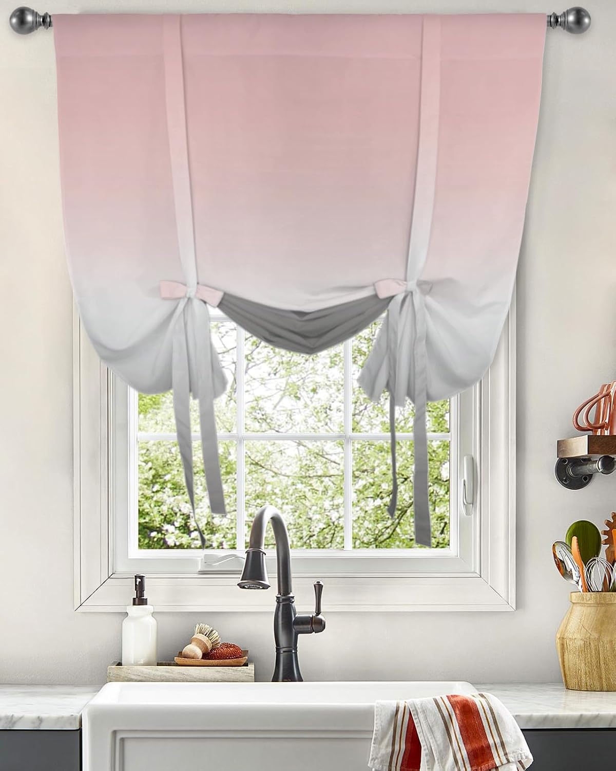 YOKOU Bow Look Tie Up Balloon Curtain, Ombre Pink and Gray Adjustable Rod Pocket Window Shades Drape for Living Room, Bedroom，Kitchen 1 pcs 52 x63 inch