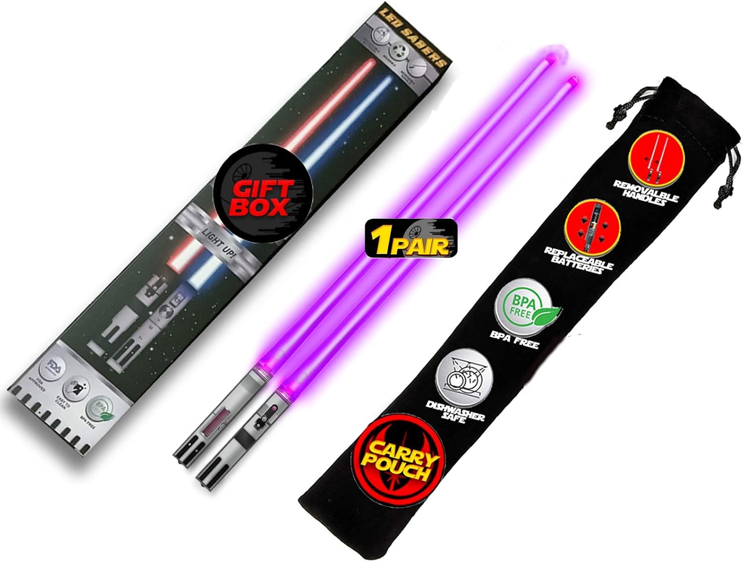 LIGHTSABER CHOPSTICKS LIGHT UP STAR WARS LED Glowing Light Saber Chop Sticks REUSABLE Sushi Lightup Sabers - Removable Handle Dishwasher Safe - Premium GIFT BOX and CARRY POUCH Included-Purple-1 Pair