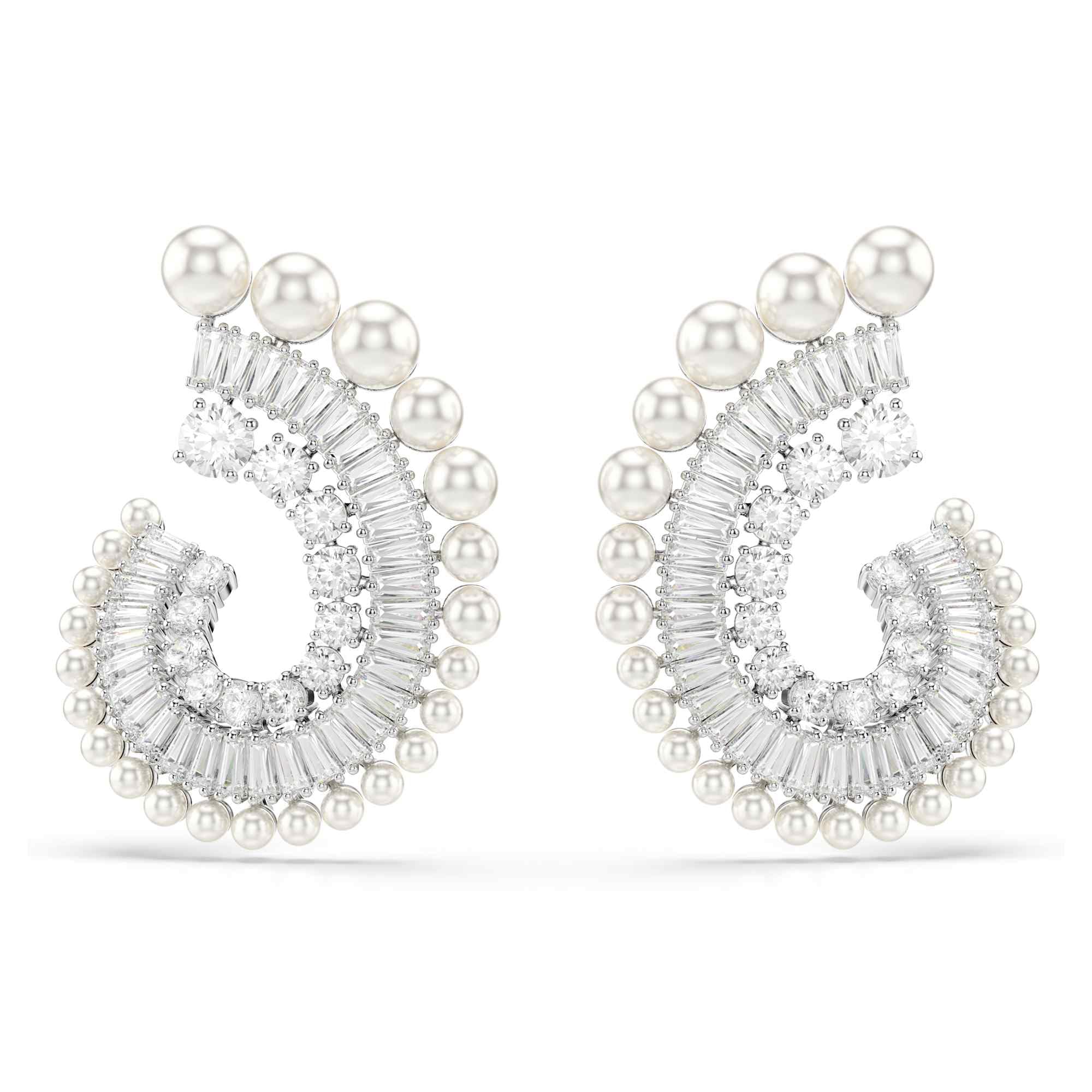 Swarovski x Ariana Grande, Pendants d'oreilles en forme de spirales ouvertes avec cristaux incolores de tailles variées, Crystal Pearls, en métal rhodié