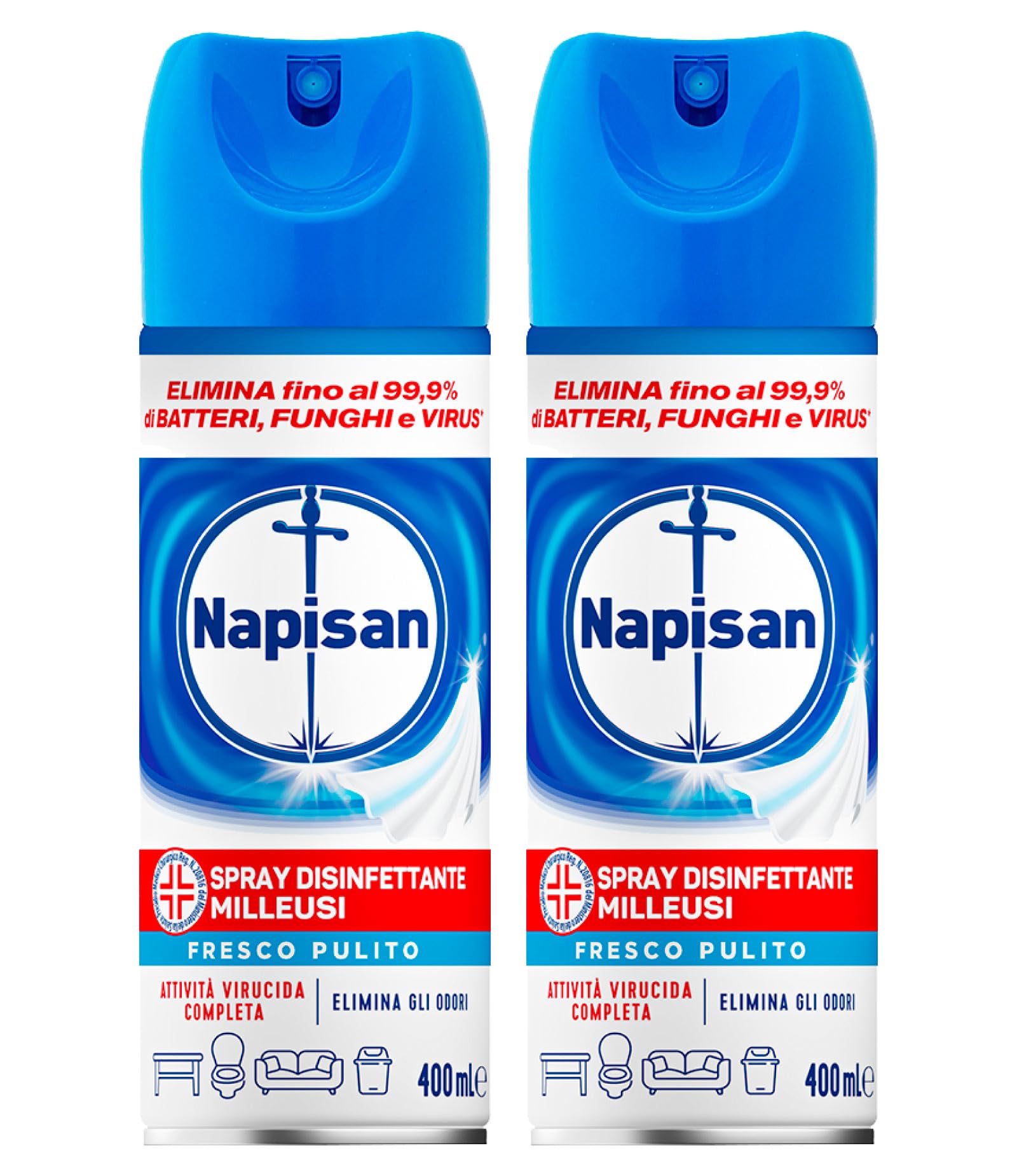 Napisan Spray Disinfettante Milleusi Fragranza Fresco Pulito per Tessuti e Superfici Elimina Batteri Funghi Virus Rimuove Cattivi Odori Ideale per Bagno Cucina Divani Materassi - 2 Flaconi da 400ml