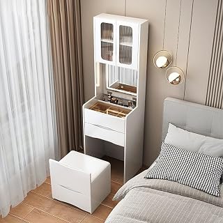 HARUMAKI Dresser, Compact Table, Wooden, 3 Color LED Illuminated Mirror, Stool Included, Multi-Functional Vanity Tables, Large Storage, Cosmetics Organizer, Length 18.9 x Width 15.7 x Height 63.0