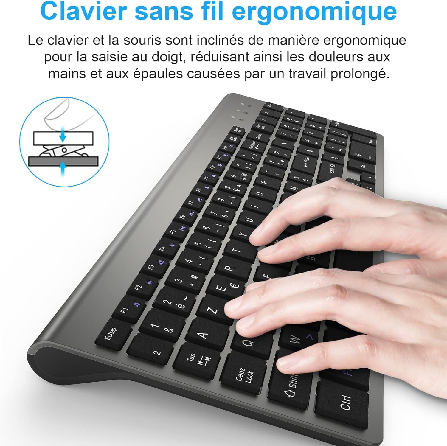 Clavier et Souris sans Fil - Ergonomique 2.4G Silent Compact Clavier de Souris Pleine Taille pour PC/Portable/Ordinateur/Laptop/TV (Noir)