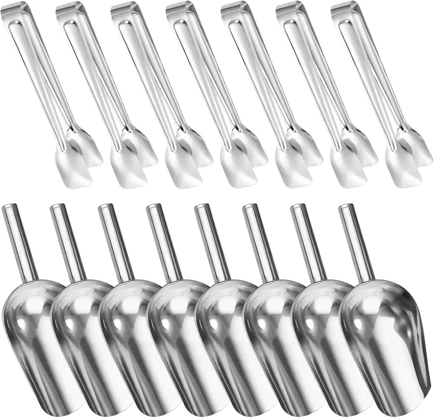 16-Piece Stainless Steel Ice Scoop And Tongs Set, Includes 8 Scoops And 8 Ice Tongs For Use With Freezers, Ice Machines, Easy To Clean
