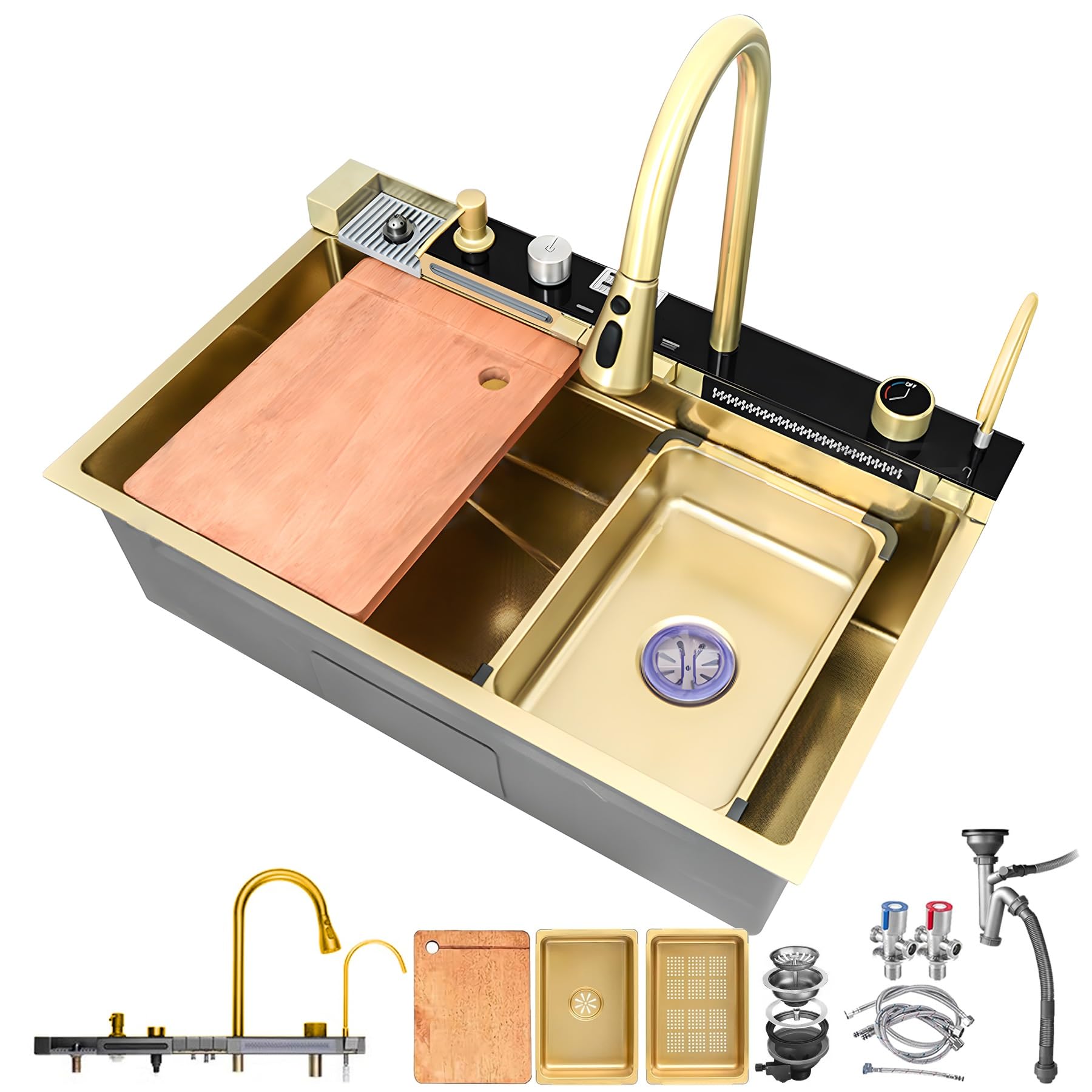 HZKSINNK 75 x 45 cm Kitchen Sink with Two Waterfalls, 1 Basin, Golden Multifunctional Stainless Steel Bar Sink, Nano Coated with Extendable Taps, Glass Rinser and Drain Basket and Drain Set