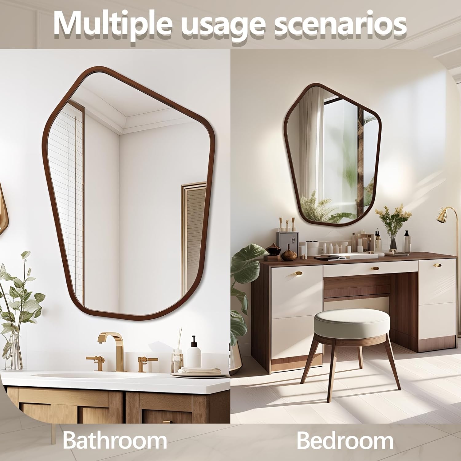 40"x28" Irregular Wall Mirror, Farmhouse Asymmetrical Mirror for Wall Decor, Wood Frame Bathroom Mirror for Living Room Bedroom Entryway Bathroom, Vertically, Walnut