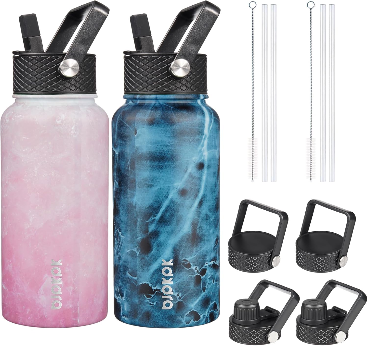 BJPKPK 2 Pack Insulated Water Bottles with Straw Lids, 27oz Stainless Steel Metal Water Bottle with 6 Lids, Leak Proof BPA Free Jugs, Cups, Flasks for Travel, Sports (Blossom+Ocean)