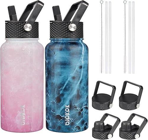 Miniatura 11 de BJPKPK Paquete de 2 botellas de agua aisladas con tapas con pajita, botella de agua de metal de acero inoxidable de 18oz con 6 tapas, jarras a Verde