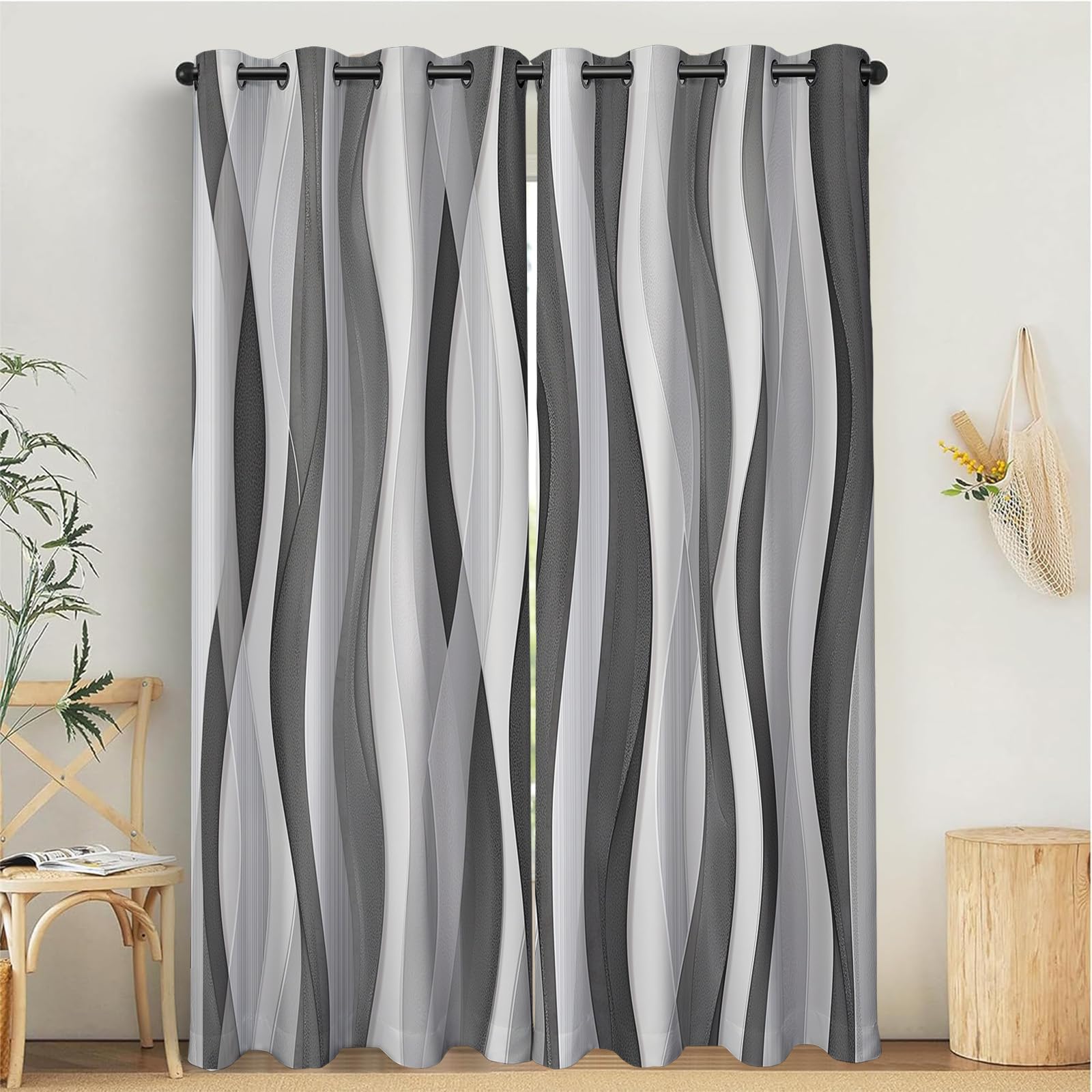 TDNEKMCA Gray stripes Blackout Thermal Insulated Curtains for Bedroom, 52 x 84 Inch Abstract waves Eyelet Curtains Drapes, Soft Black Out 2 Panels for Window Living Room Kitchen