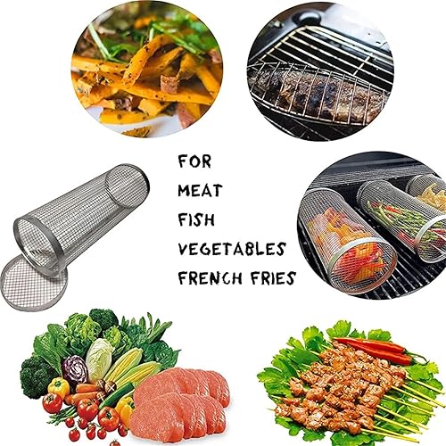 Miniatura 3 de Cesta de parrilla rodante, cesta de parrilla de barbacoa, malla redonda de acero inoxidable para parrilla, cestas para parrilla al aire libre,