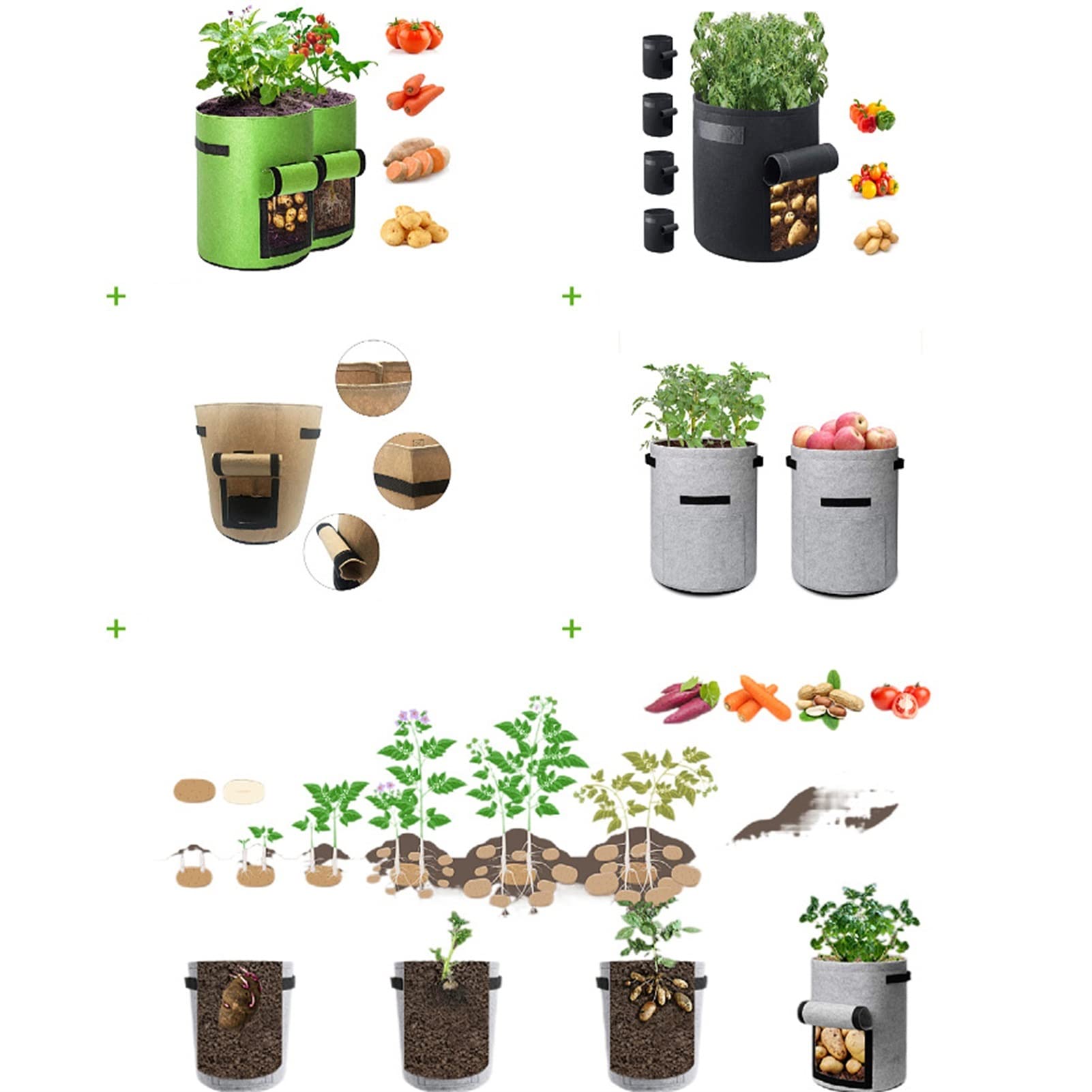 Bolsas de Cultivo de Patatas, 10 Piezas, Resistentes, Reutilizables, engrosadas, for Plantas de jardín, con Asas y Ventana de Cosecha for Tomate, Fresa y Verduras (Color : Beige, Tamaño : 5 Gallon)