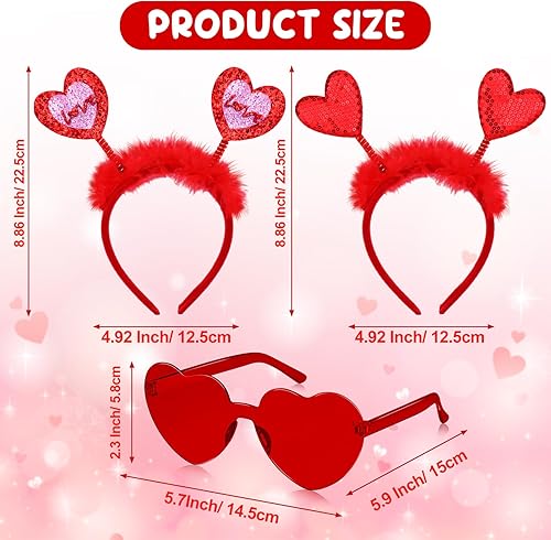 Miniatura 5 de SelfTek Accesorios para el día de San Valentín, 2 diademas de corazón, 2 lentes de sol en forma de corazón, accesorios de corazón para mujeres y