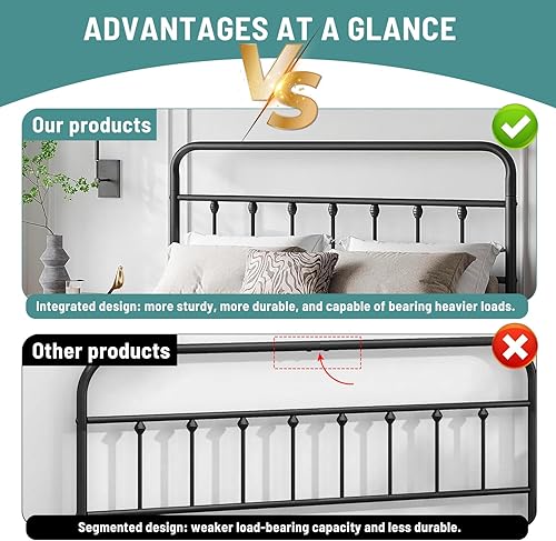 Miniatura 3 de Base de cama Queen con plataforma de metal clásica, base de colchón con estilo victoriano, cabecero de hierro, estribo, almacenamiento debajo de la