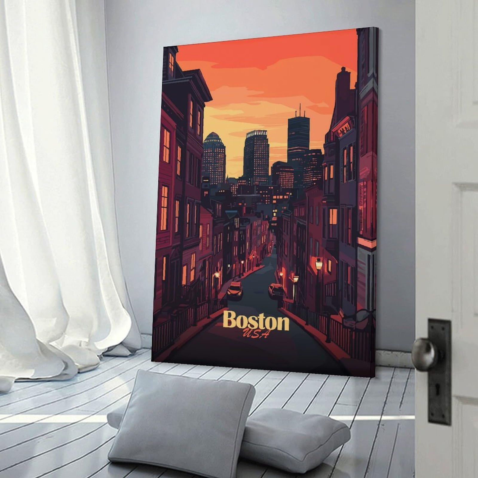Junmoney Frame-Style-17 Boston Skyline At Dusk Wall Picture Print, 20X30inch(50X75cm), For New Homes, Bedrooms Or Workspaces, Thoughtful Wall Decor For Art Lovers