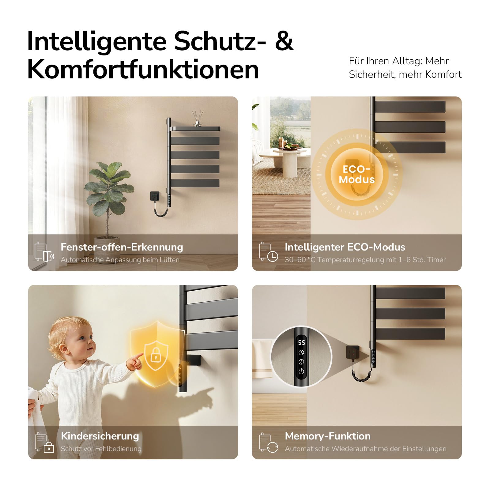 EMKE Elektrischer Badheizkörper 769x450 mm, 180° schwenkbarer Handtuchwärmer mit WiFi-App-Steuerung, Flacher Handtuchheizkörper mit Thermostat & Timer, 120 Watt, IP45, Grau