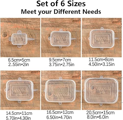 Miniatura 4 de TopHomer Juego de 6 tapas rectangulares de silicona elásticas, juego de 6 tamaños, reutilizables, resistentes, para mantener la comida fresca,
