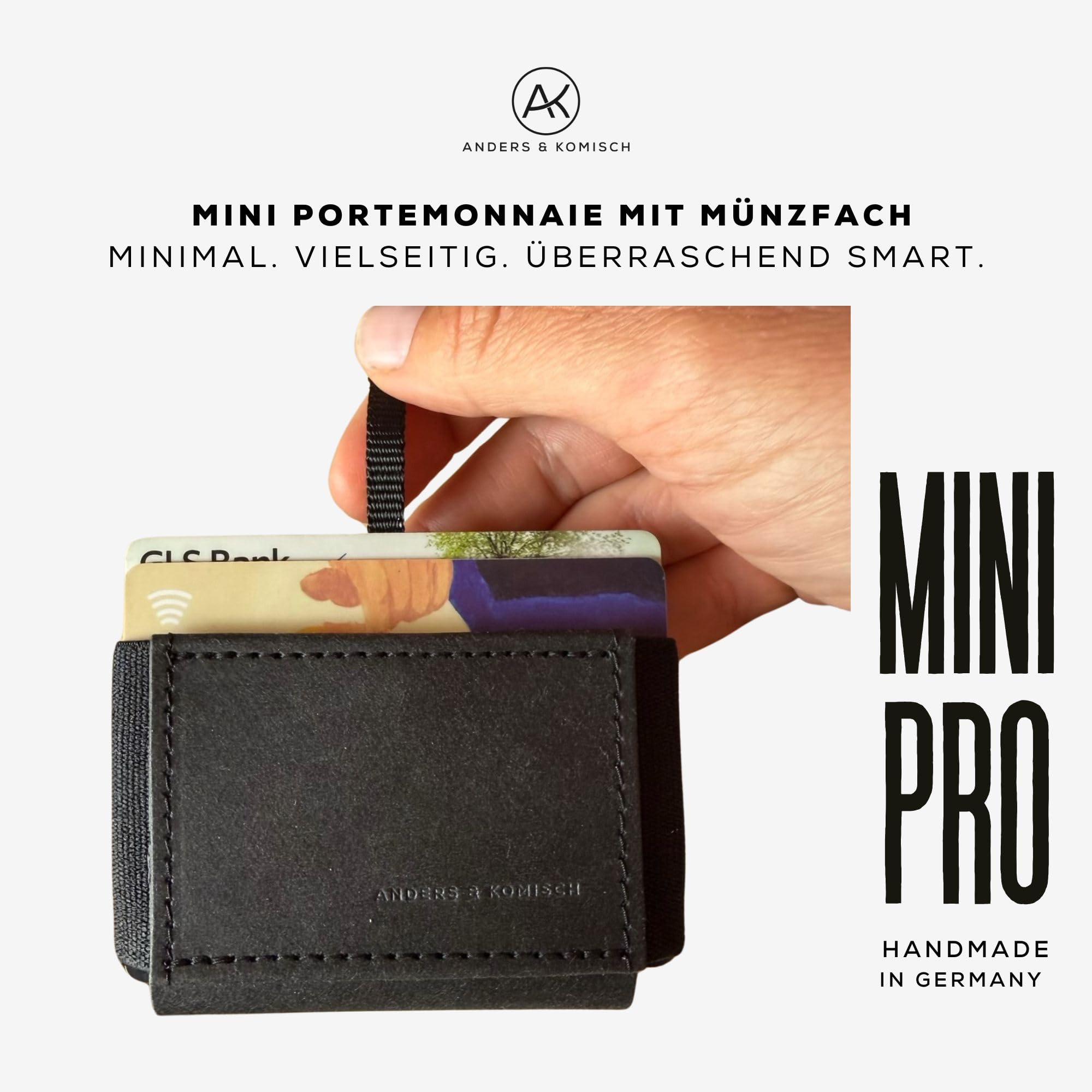 Anders & Komisch MINI PRO Karten Portemonnaie mit Münzfach Herren - Kleiner Geldbeutel Damen nachhaltig und clever - Minimal Wallet Handarbeit aus Deutschland (Schwarz) 9 x 5,5 cm