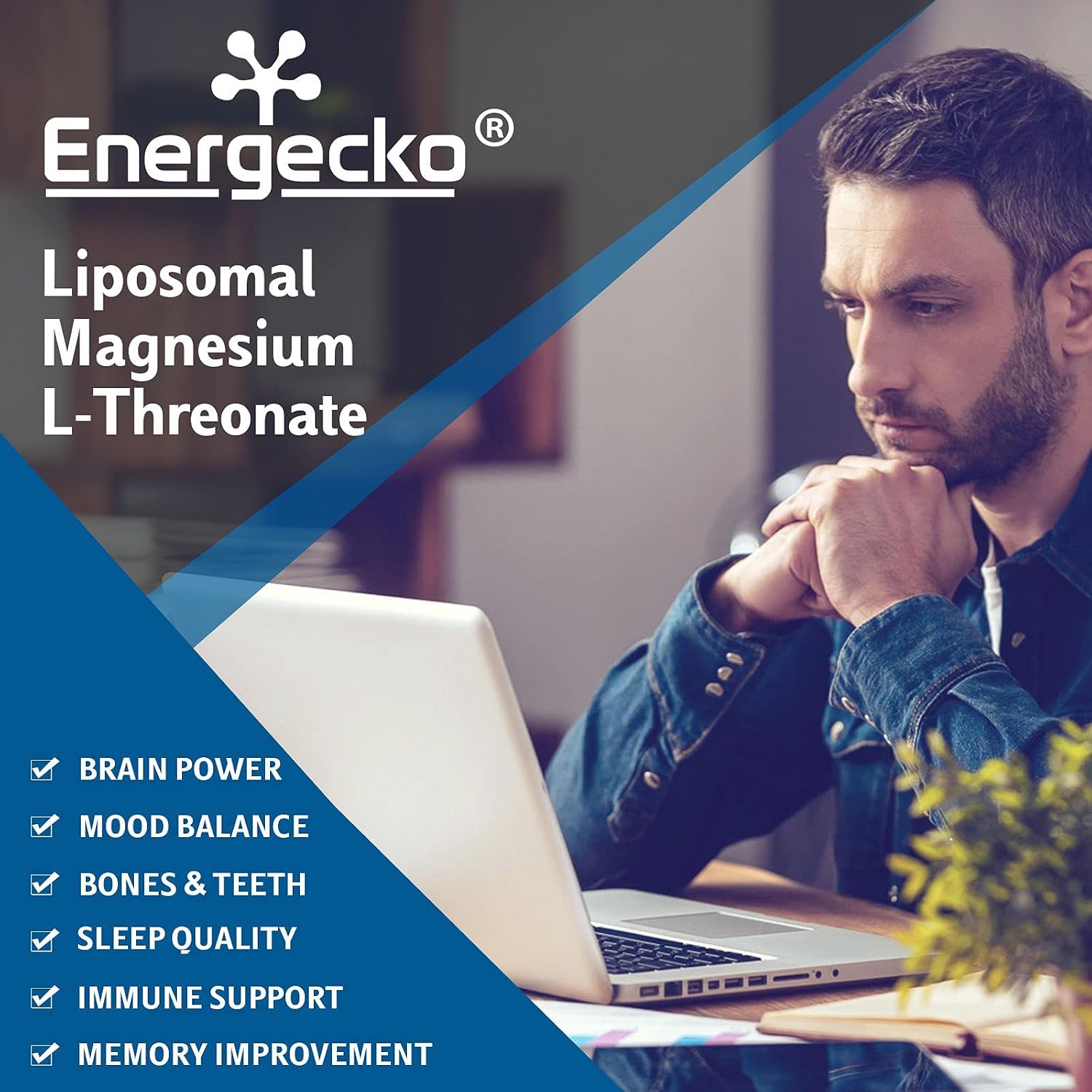 Enerrgecko Liposomal Magnesium L-Threonate Softgels 2000mg - Supplement with Vitamin D3 & K2 Support Brain and Bone Health Muscle Relaxation Non-GMO, Gluten-Free 60 Softgels, Count (2 Pack)